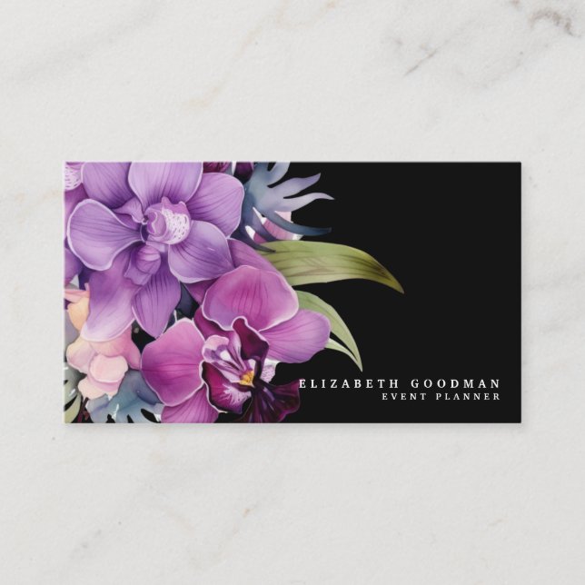 Classic Lila Orchids Black Business Cards Visitenkarte (Vorderseite)