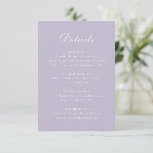 Classic Lilac Elegant Wedding Begleitkarte (Stehend Vorderseite)
