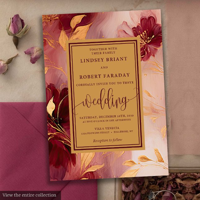 Classic Lux Burgundy Blush Gold Blume Hochzeit Einladung (Classic Lux Burgundy Blush Gold Flowers Wedding Invitation)