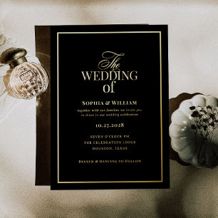 Classic Luxe Schwarz Hochzeit mit Gold Folieneinladung
