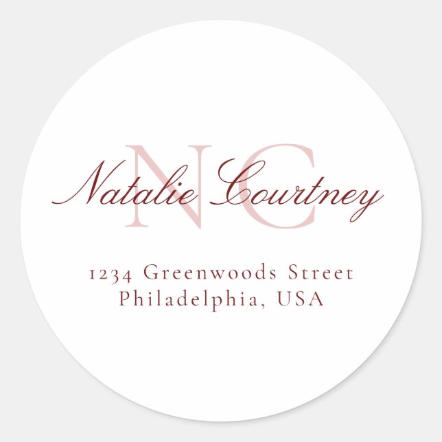 Classic Maroon Minimalistisch Two Monogram Runder Aufkleber (Vorderseite)