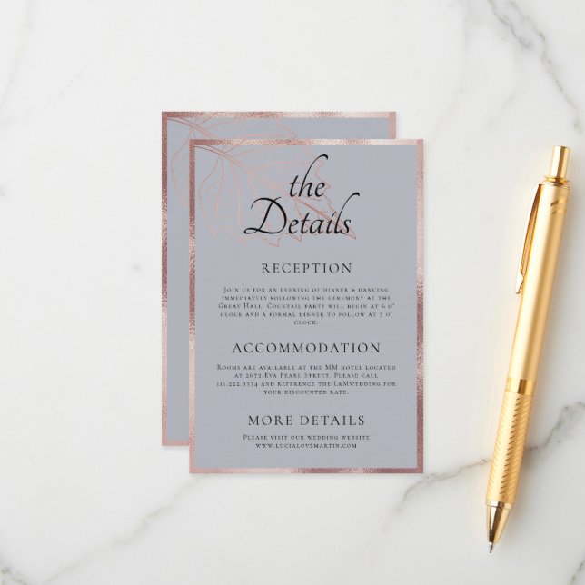 Classic Matt Rose Gold Blätter Hochzeitsdetails Begleitkarte (Vorderseite/Rückseite Beispiel)