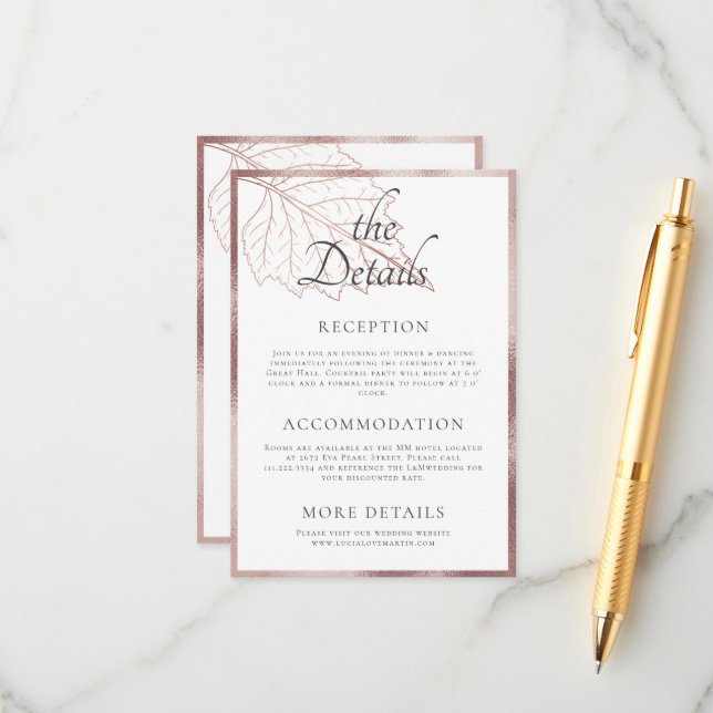 Classic Matt Rose Gold Blätter Hochzeitsdetails Begleitkarte (Vorderseite/Rückseite Beispiel)