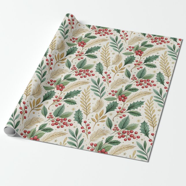 Classic Merry & Bright Red Green and Gold Holly Geschenkpapier (Ungerollt)