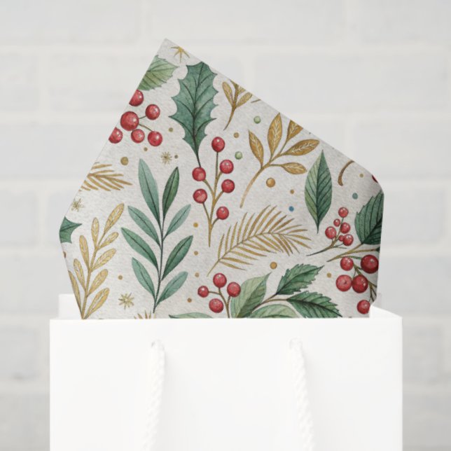 Classic Merry & Bright Red Green and Gold Holly Seidenpapier (Geschenktüte)