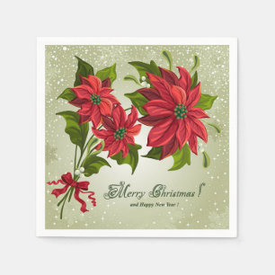 Classic Merry Christmas Paper Napkin Poinsettias Serviette