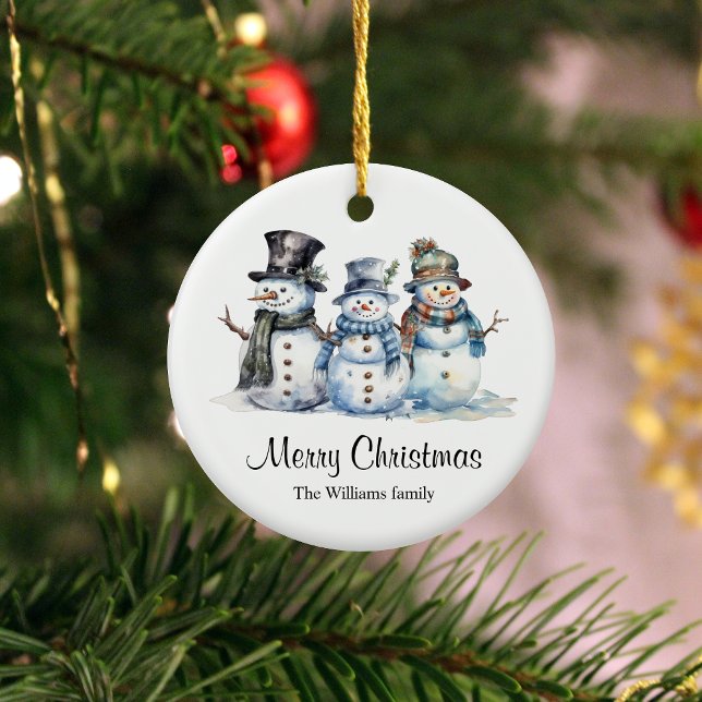 Classic Merry Christmas Watercolor Snowman Keramik Ornament (Decorate your Christmas tree with this personalized ornament to make your holiday even more special.)