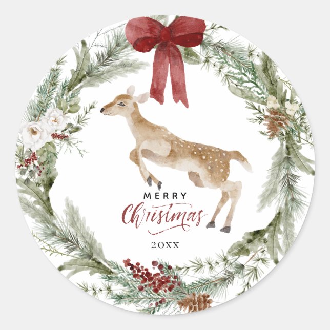 Classic Merry Christmas Winter Holiday Wreath Runder Aufkleber (Vorderseite)