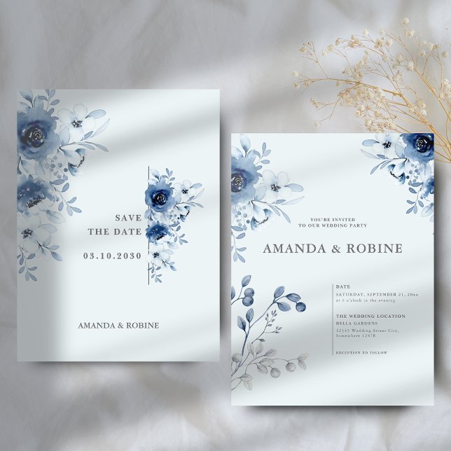 Classic Minimal Blue Floral Wedding Einladung (Von Creator hochgeladen)