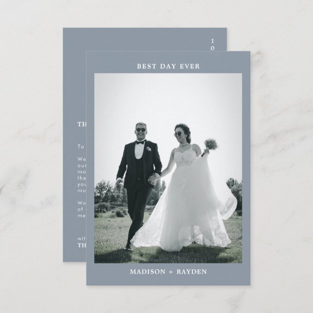 Classic Minimal Dusty Blue Foto Wedding Dankeskarte (Vorne/Hinten)