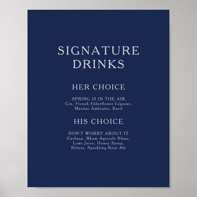 Classic Minimal Navy Blue Silver Signature Drinks Poster (Vorne)
