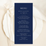 Classic Minimal Navy Blue | Silver Wedning Dinner Menükarte<br><div class="desc">Dieses klassische Marineblau | Silber Hochzeitsmenü ist ideal für eine einfache moderne romantische und elegante Hochzeit. Die dunkelmarineblaue Farbpalette und die minimale Vintage Typografie verleihen ihr eine elegante formale Touch. Das Design ist flexibel und eignet sich perfekt für einen zeitgenössischen Abend, Frühjahr, Herbst, Sommer oder Winterhochzeit. Behalt es so, wie...</div>