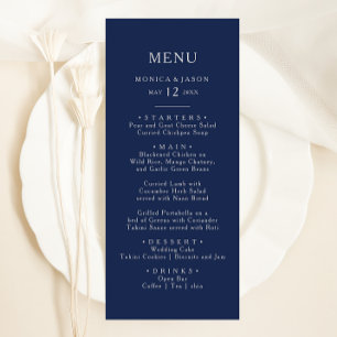 Classic Minimal Navy Blue Silver Wedning Dinner Menükarte