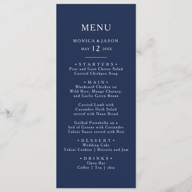 Classic Minimal Navy Blue | Silver Wedning Dinner Menükarte (Vorderseite)