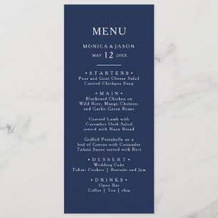 Classic Minimal Navy Blue Silver Wedning Dinner Menükarte