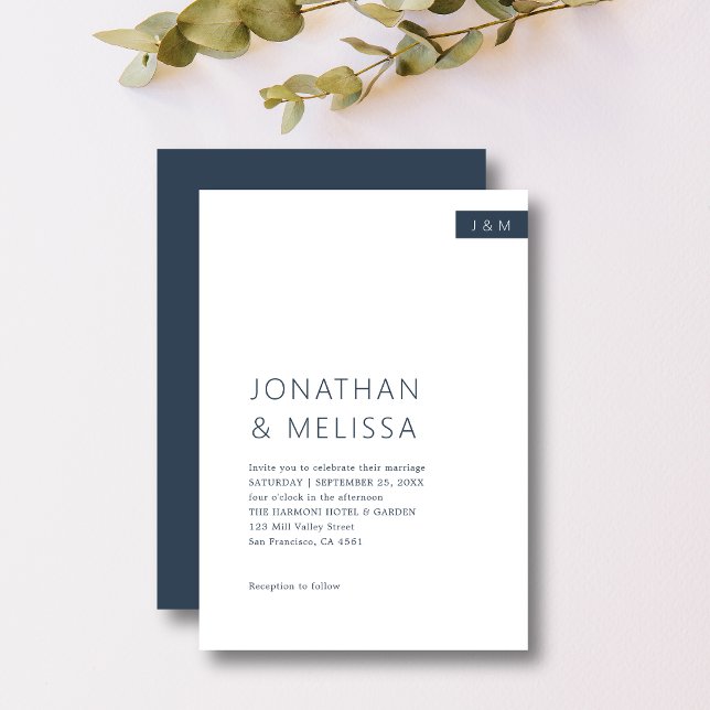 Classic Minimal Navy Blue & White Monogram Wedding Einladung (Von Creator hochgeladen)