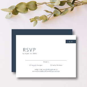 Classic Minimal Navy Blue & White Monogram Wedding RSVP Karte