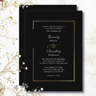 Classic Minimal Schwarz-weiß Gold Border Wedding Einladung