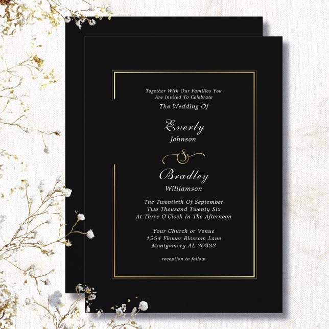 Classic Minimal Schwarz-weiß Gold Border Wedding Einladung (Von Creator hochgeladen)