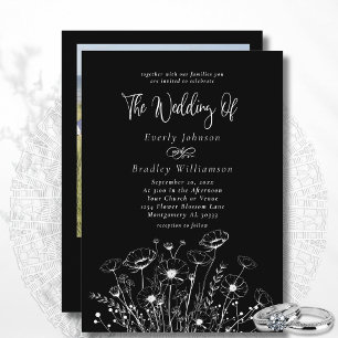 Classic Minimal White Wildblume Black Wedding Einladung
