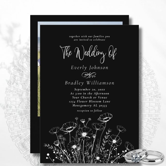 Classic Minimal White Wildblume Black Wedding Einladung (Von Creator hochgeladen)
