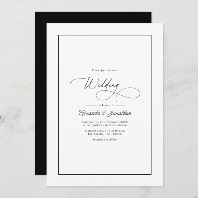 Classic Minimalist Black & White Wedding QR Code Einladung (Vorne/Hinten)