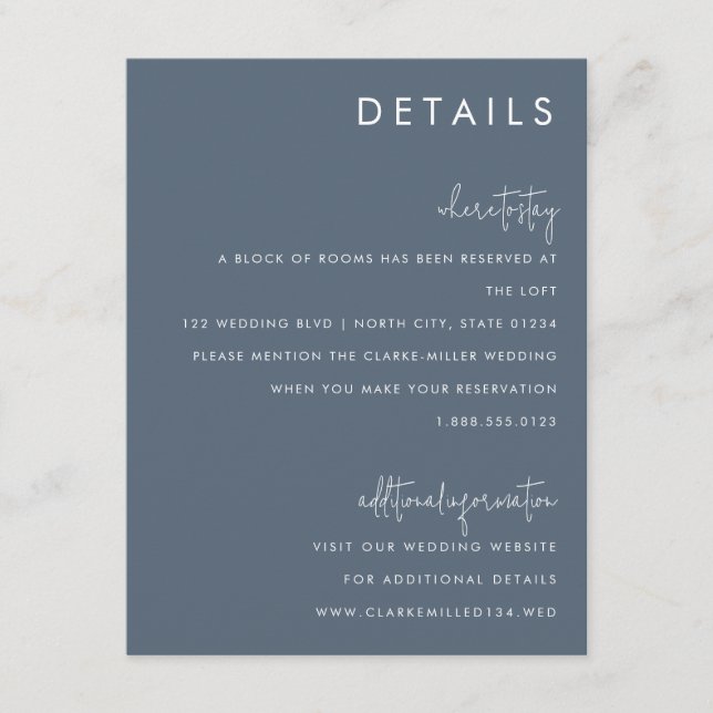 Classic Minimalistisch Dusty Blue Wedding Deatils Begleitkarte (Vorderseite)
