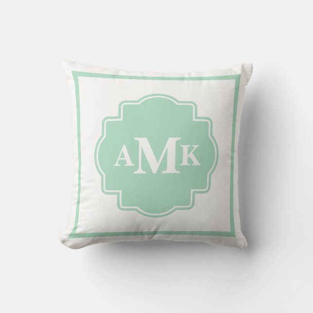 Classic Mint Green und White Monogram Pillow Kissen (Vorderseite)