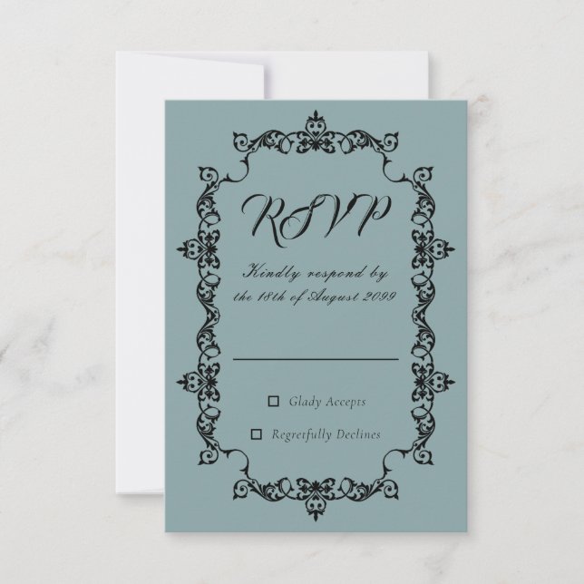 Classic Misty Sage Blue Ornately Framed Wedding RSVP Karte (Vorderseite)
