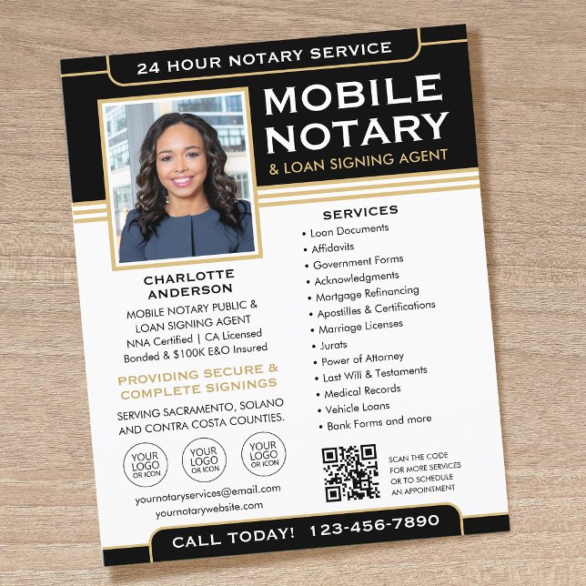 Classic Mobile Notary Public QR Code Black Gold Flyer (Von Creator hochgeladen)