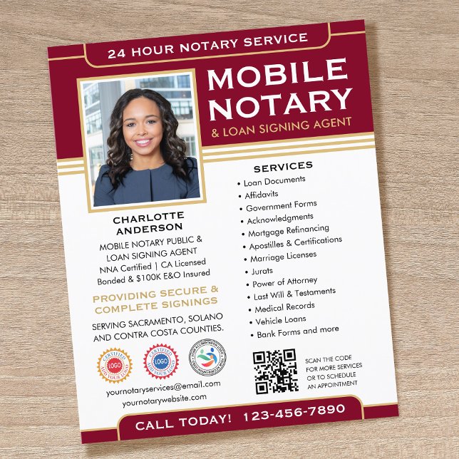 Classic Mobile Notary Public QR Code Burgundy Flyer (Von Creator hochgeladen)