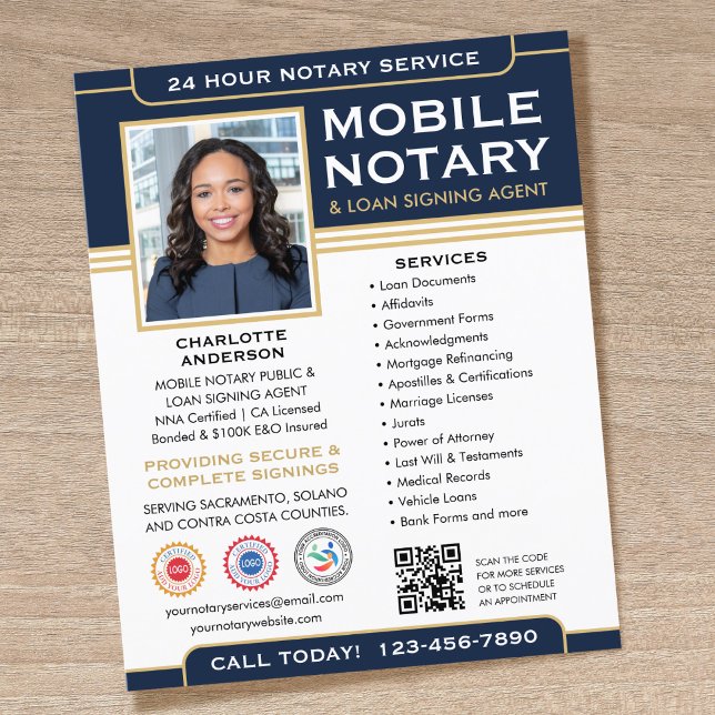 Classic Mobile Notary Public QR Code Navy Blue Flyer (Von Creator hochgeladen)