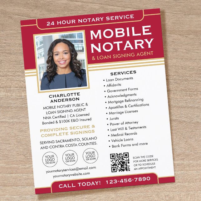 Classic Mobile Notary Public QR Code Red Editable Flyer (Von Creator hochgeladen)