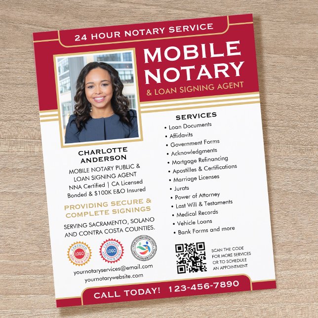 Classic Mobile Notary Public QR Code Red Editable Flyer (Von Creator hochgeladen)
