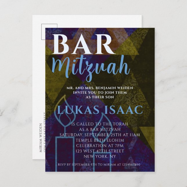 Classic Modern Blue Bar Mitzvah Bold Type Einladungspostkarte (Vorne/Hinten)