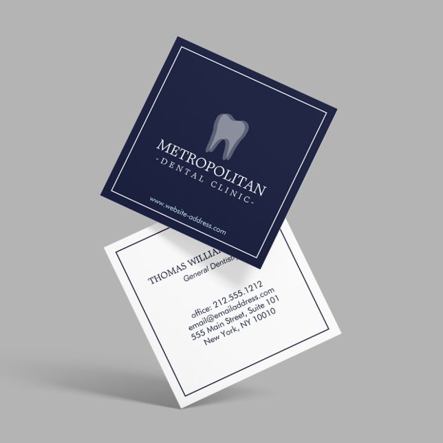 Classic Modern Dentist Tooth Logo auf Navy Blue Quadratische Visitenkarte (Von Creator hochgeladen)