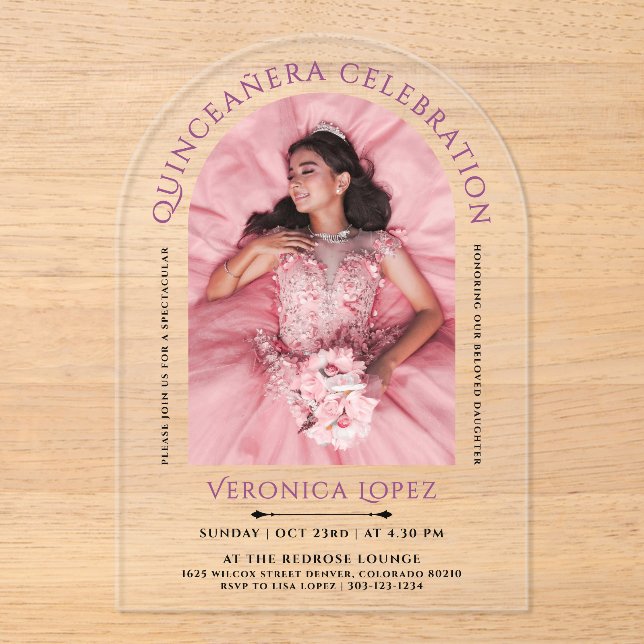 Classic Modern Elegant Girl Lila 15. Foto Acryleinladungen (Vorderseite)