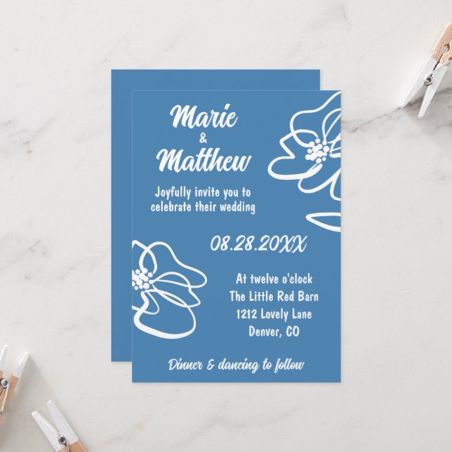 Classic & Modern Floral Blue Wedding Einladung (Vorderseite/Rückseite Beispiel)