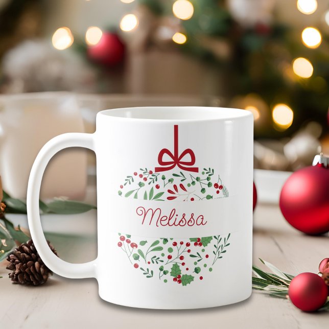 Classic Modern Red Green Floral Berries Weihnachte Kaffeetasse (Von Creator hochgeladen)