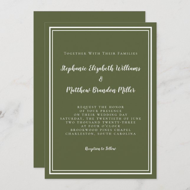 Classic Modern Simple Olive Green Elegante Hochzei Einladung (Vorne/Hinten)