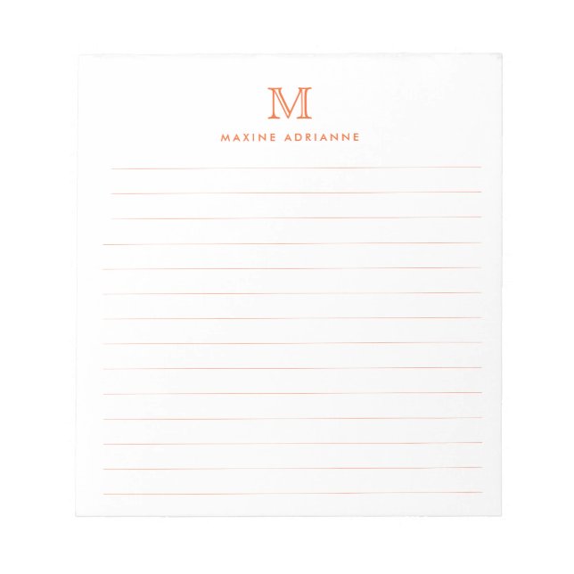 Classic Modern Simple Orange Monogram Lined Notizblock (Vorderseite)