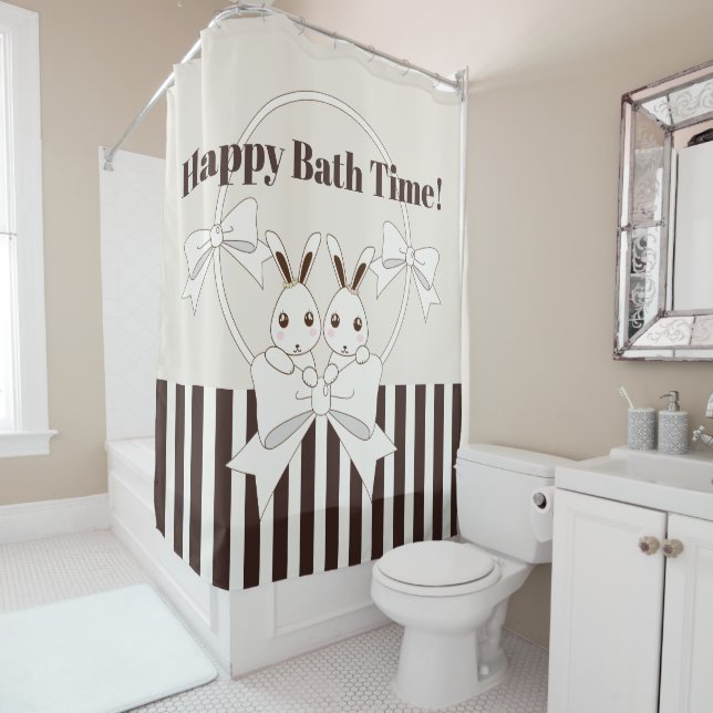 Classic Modern Stripe Niedlicher Cartoon Twin Bunn Duschvorhang (Beispiel)