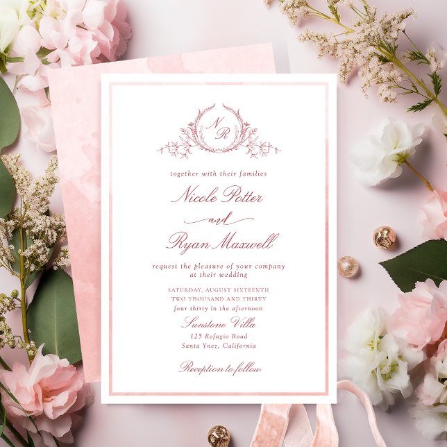 Classic Monogram Blush Pink Watercolor Wedding Einladung (Von Creator hochgeladen)