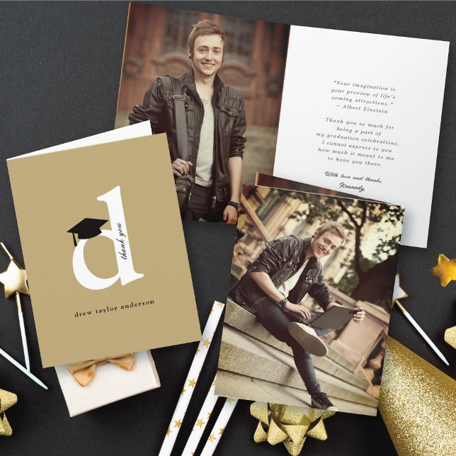 Classic Monogram D Graduation Cap Modernes Foto Dankeskarte (Classic Monogram K Graduation Cap Modern Thank You Photo Folded Card @ zazzle.com/color_therapy)