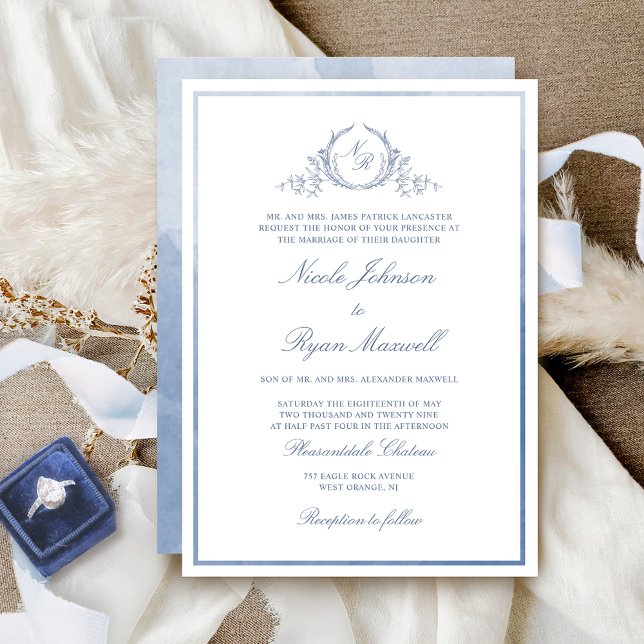 Classic Monogram Dusty Blue Watercolor Wedding Einladung (Von Creator hochgeladen)