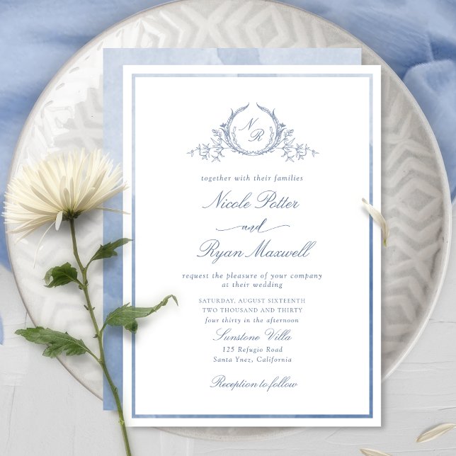 Classic Monogram Dusty Blue Watercolor Wedding Einladung (Von Creator hochgeladen)
