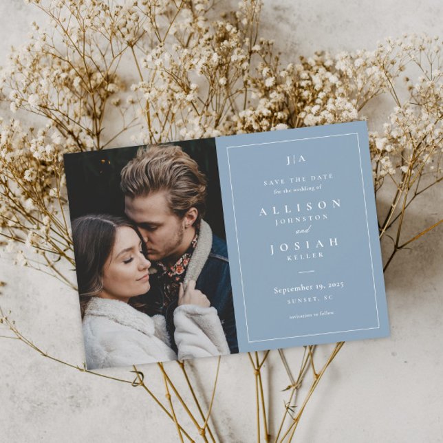 Classic Monogram Dusty Blue Wedding Foto Save The Date (Von Creator hochgeladen)