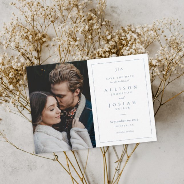 Classic Monogram Dusty Blue Wedding Foto Save The Date (Von Creator hochgeladen)