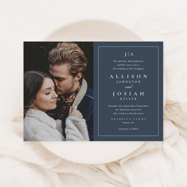 Classic Monogram Elegant Foto Wedding Einladung (An elegant navy blue photo wedding invitation with classic white typography and minimal frame.)