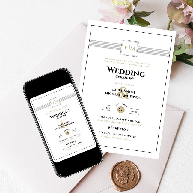 Classic Monogram Formale Wedding White All in 1 In Einladung (Von Creator hochgeladen)